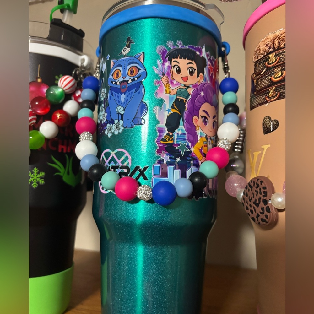 K pop demon hunter 40 oz teal stainless steel 40 oz tumbler with handmade handle